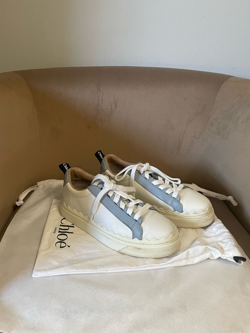 Chloé Scalloped Leather Sneakers White & Blue | Designer Low Top | Size 7.5